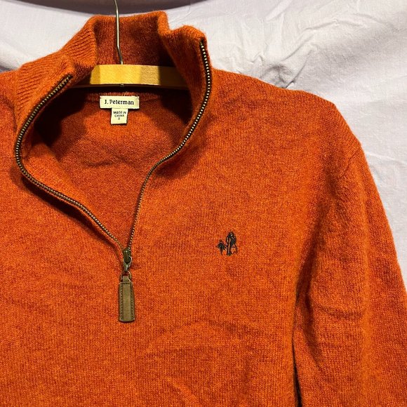 100% Pumpkin Orange Lambswool Half-zip sweater leather elbow patches VVGUC - Picture 1 of 7